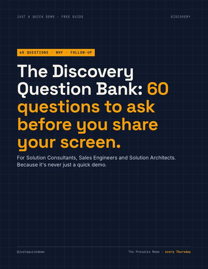 Cover of the PDF: The Discovery Question Bank, 60 questions to ask before you share your screen.